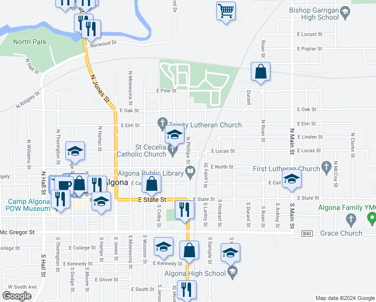 map of restaurants, bars, coffee shops, grocery stores, and more near 401 North Phillips Street in Algona