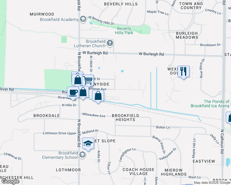 map of restaurants, bars, coffee shops, grocery stores, and more near 18440 Hoffman Avenue in Brookfield