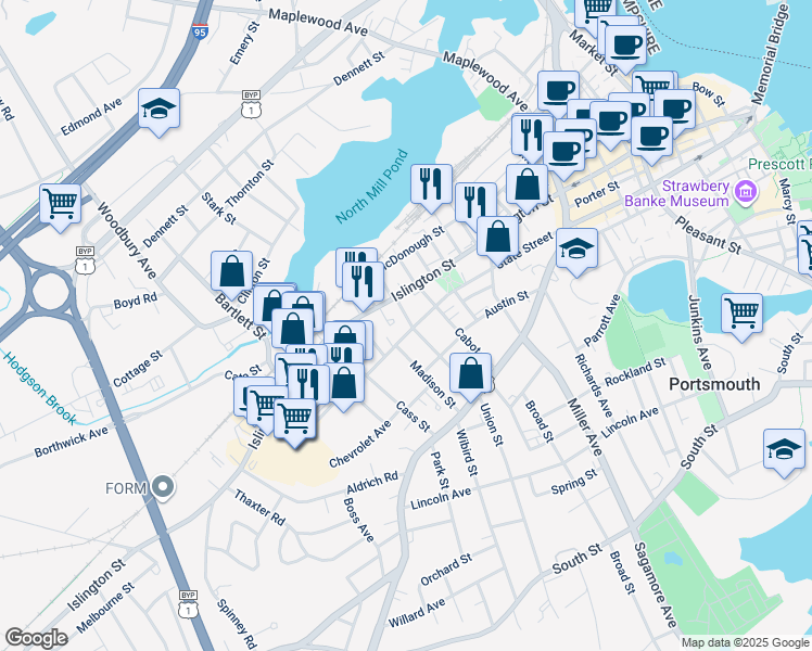 map of restaurants, bars, coffee shops, grocery stores, and more near 15 Union Street in Portsmouth