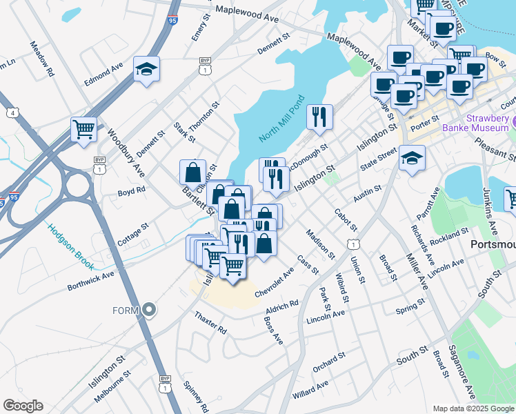 map of restaurants, bars, coffee shops, grocery stores, and more near 105 Bartlett Street in Portsmouth