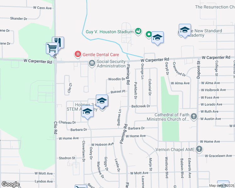 map of restaurants, bars, coffee shops, grocery stores, and more near 6708 Russet Court in Flint