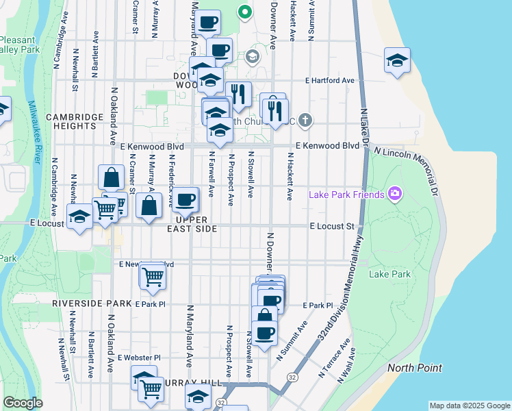 map of restaurants, bars, coffee shops, grocery stores, and more near 2970 North Stowell Avenue in Milwaukee
