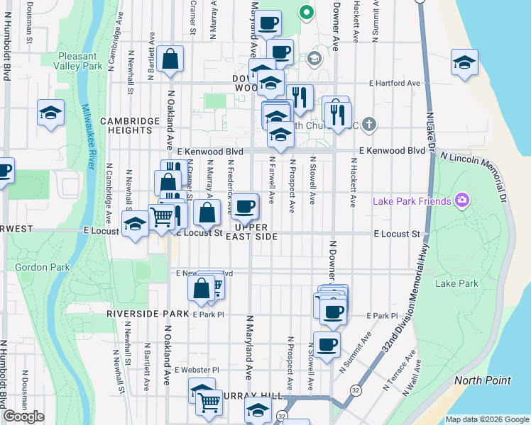 map of restaurants, bars, coffee shops, grocery stores, and more near 2963 North Farwell Avenue in Milwaukee