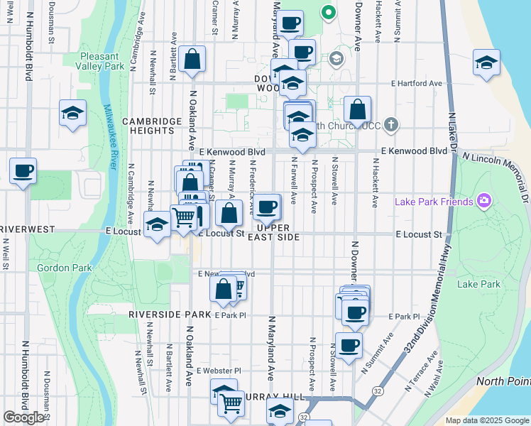 map of restaurants, bars, coffee shops, grocery stores, and more near 2971 North Maryland Avenue in Milwaukee