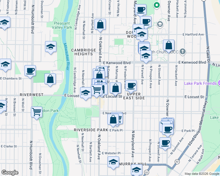 map of restaurants, bars, coffee shops, grocery stores, and more near 2966 North Cramer Street in Milwaukee