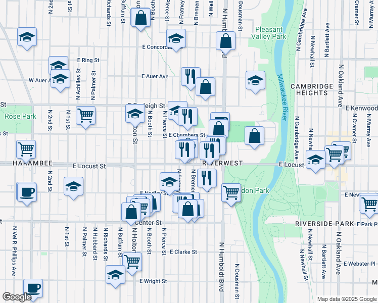 map of restaurants, bars, coffee shops, grocery stores, and more near 2962 North Bremen Street in Milwaukee