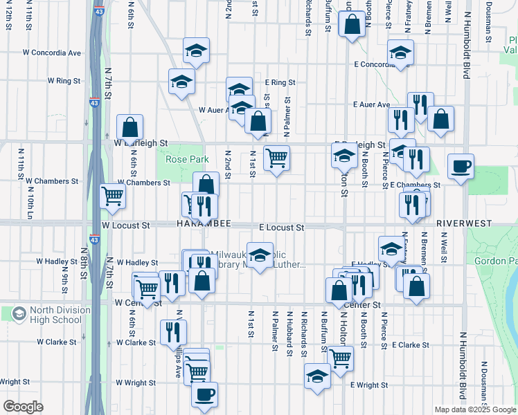 map of restaurants, bars, coffee shops, grocery stores, and more near 2962 North 1st Street in Milwaukee
