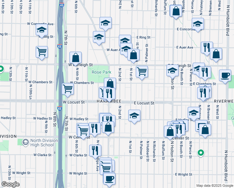 map of restaurants, bars, coffee shops, grocery stores, and more near 2950 North Doctor Martin Luther King Junior Drive in Milwaukee