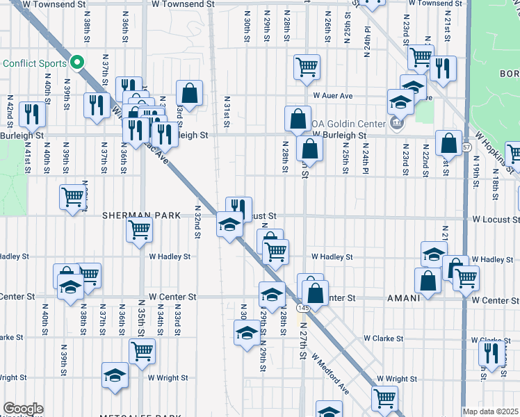 map of restaurants, bars, coffee shops, grocery stores, and more near 2940 North 29th Street in Milwaukee