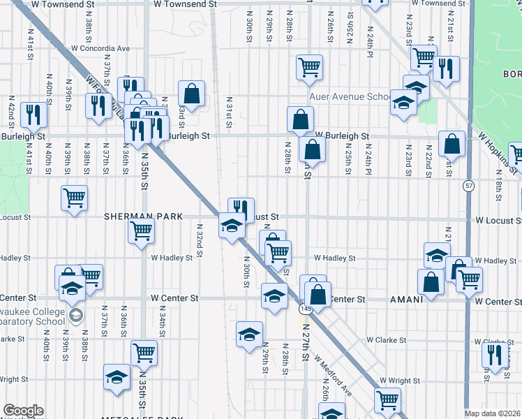 map of restaurants, bars, coffee shops, grocery stores, and more near 2940 North 29th Street in Milwaukee