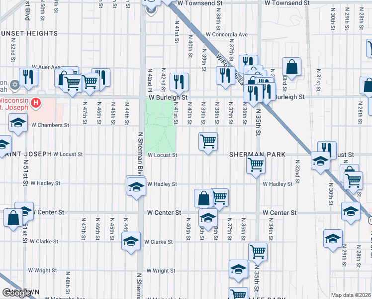 map of restaurants, bars, coffee shops, grocery stores, and more near 2938 North 40th Street in Milwaukee