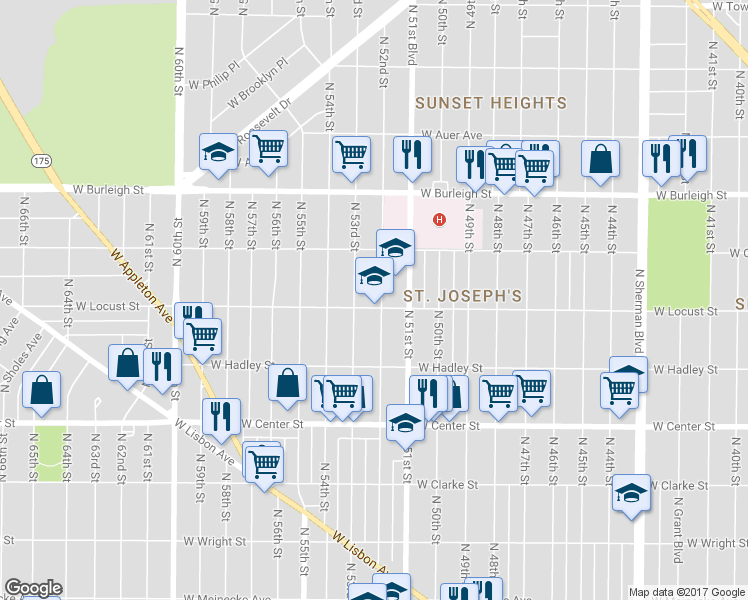map of restaurants, bars, coffee shops, grocery stores, and more near 2934 North 53rd Street in Milwaukee