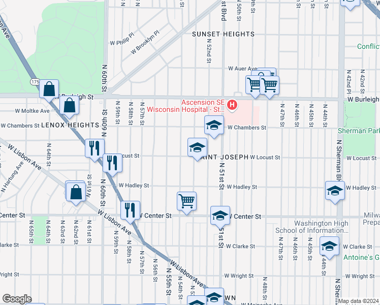 map of restaurants, bars, coffee shops, grocery stores, and more near 2934 North 53rd Street in Milwaukee
