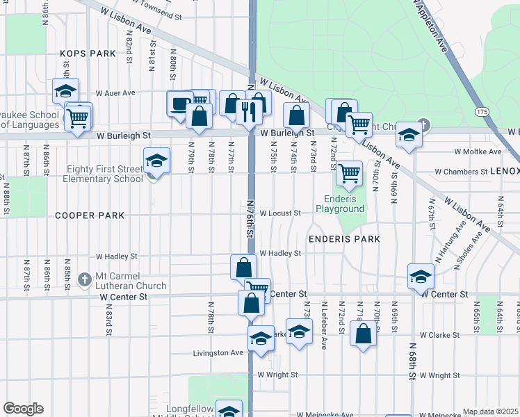 map of restaurants, bars, coffee shops, grocery stores, and more near 2941 North 75th Street in Milwaukee
