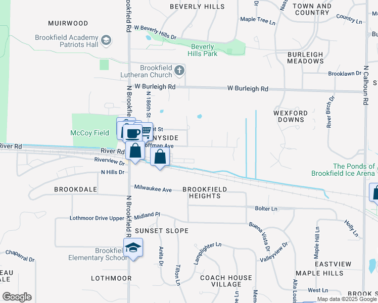map of restaurants, bars, coffee shops, grocery stores, and more near 18440 Hoffman Avenue in Brookfield