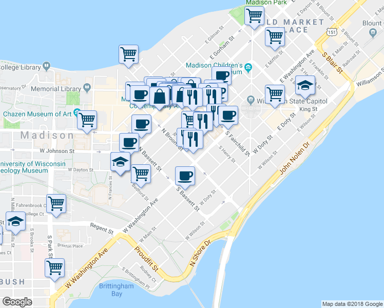 map of restaurants, bars, coffee shops, grocery stores, and more near 335 West Mifflin Street in Madison