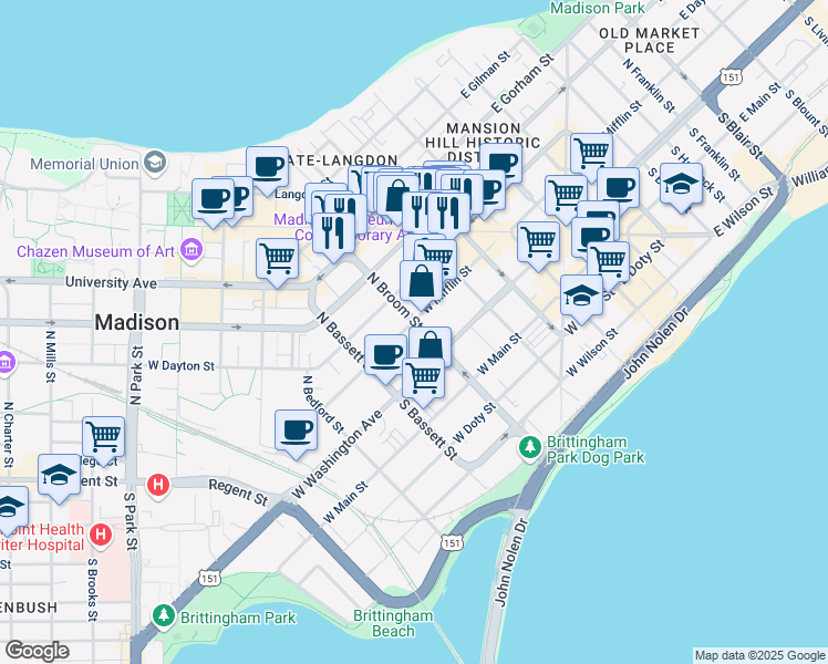 map of restaurants, bars, coffee shops, grocery stores, and more near 335 West Mifflin Street in Madison