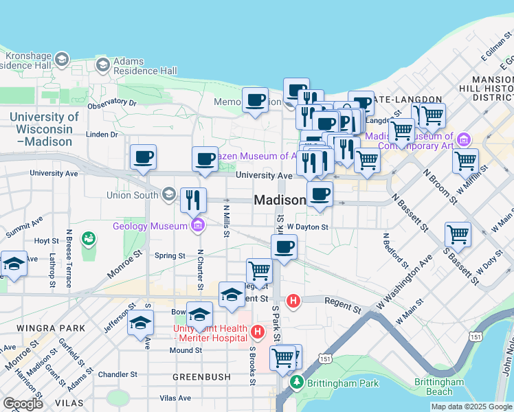 map of restaurants, bars, coffee shops, grocery stores, and more near in Madison