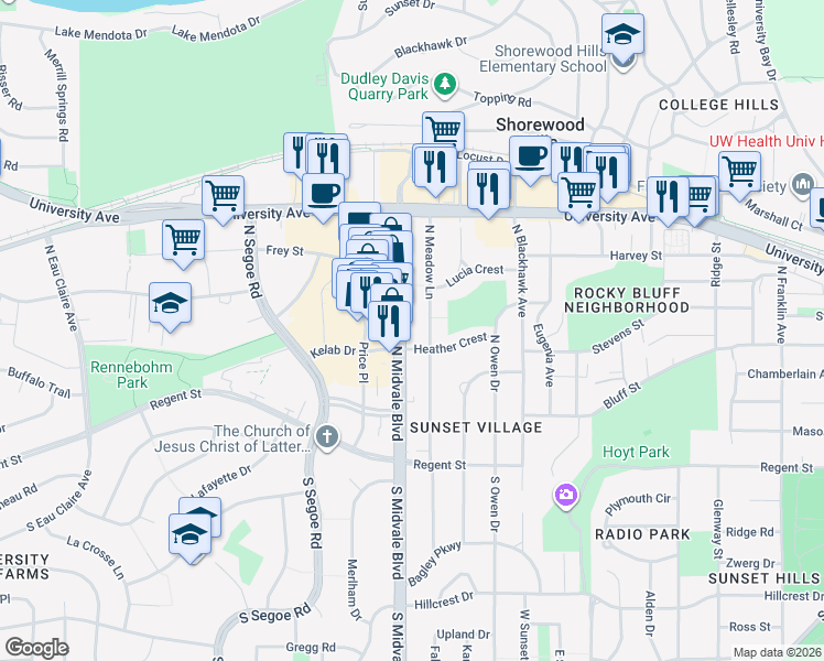 map of restaurants, bars, coffee shops, grocery stores, and more near 601 North Midvale Boulevard in Madison