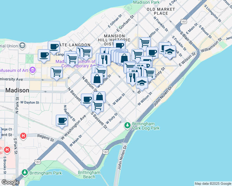 map of restaurants, bars, coffee shops, grocery stores, and more near 31 South Henry Street in Madison