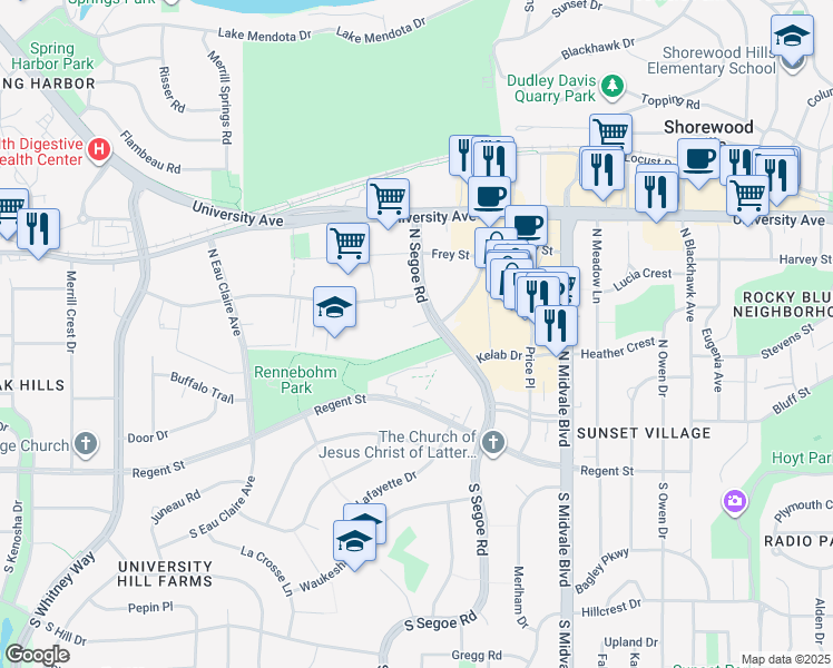 map of restaurants, bars, coffee shops, grocery stores, and more near 602 North Segoe Road in Madison