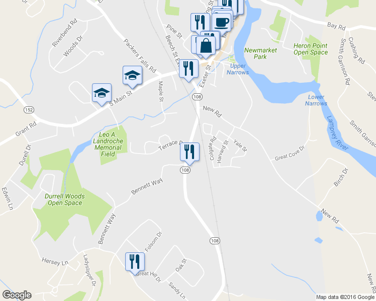 map of restaurants, bars, coffee shops, grocery stores, and more near 64 Exeter Road in Newmarket