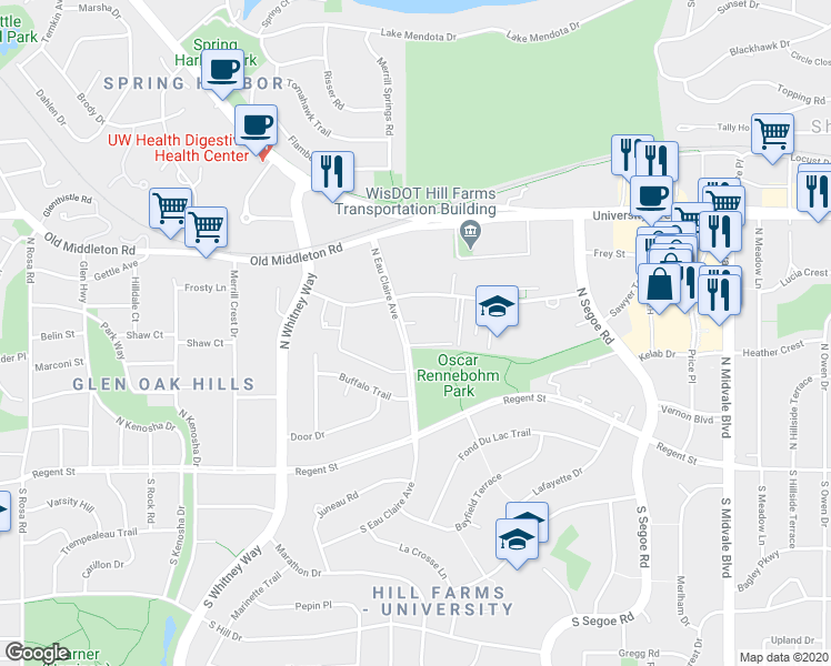 map of restaurants, bars, coffee shops, grocery stores, and more near 305 North Eau Claire Avenue in Madison