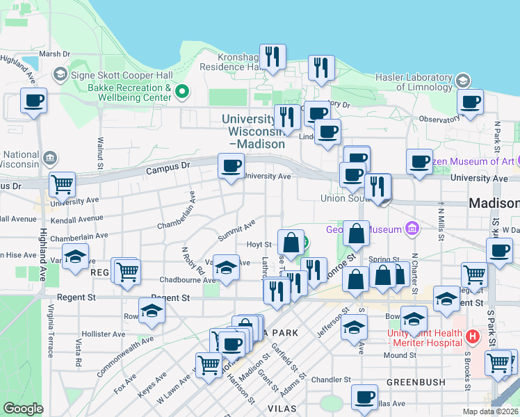 map of restaurants, bars, coffee shops, grocery stores, and more near 301 Lathrop Street in Madison