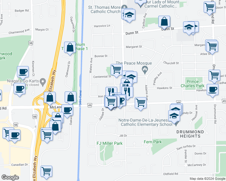map of restaurants, bars, coffee shops, grocery stores, and more near 7139 Warden Avenue in Niagara Falls