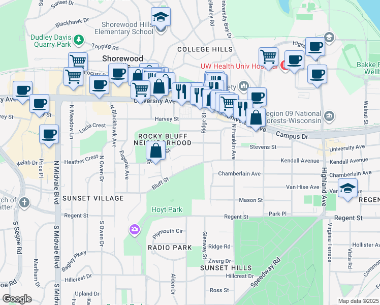 map of restaurants, bars, coffee shops, grocery stores, and more near 2926 Mckinley Street in Madison