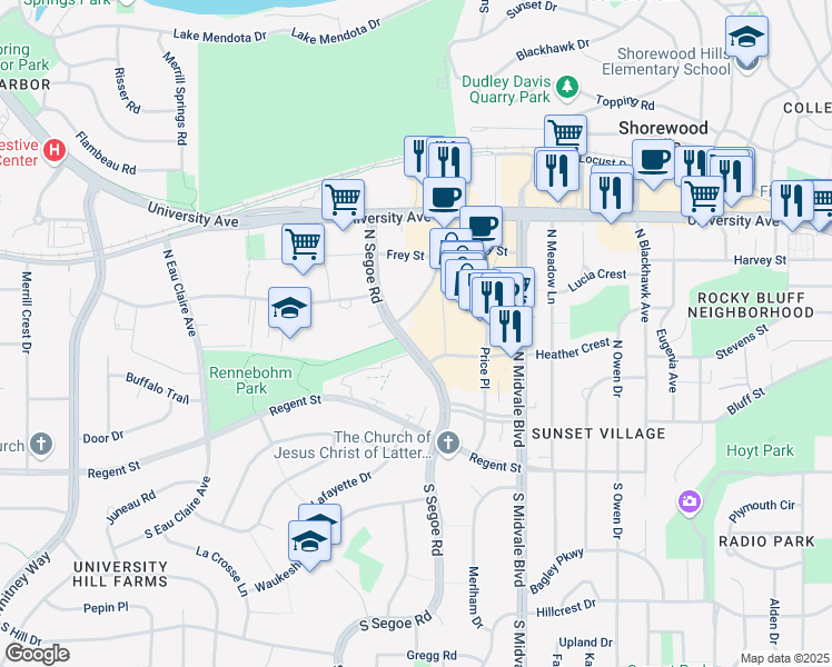 map of restaurants, bars, coffee shops, grocery stores, and more near 517 North Segoe Road in Madison