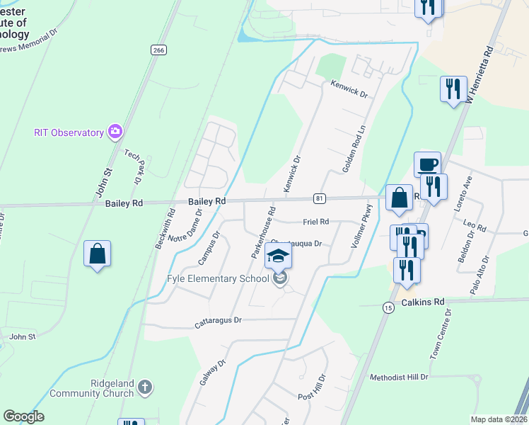 map of restaurants, bars, coffee shops, grocery stores, and more near 724 Bailey Road in West Henrietta