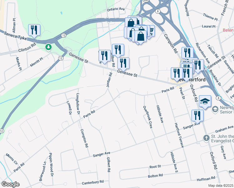 map of restaurants, bars, coffee shops, grocery stores, and more near 76 Paris Road in New Hartford