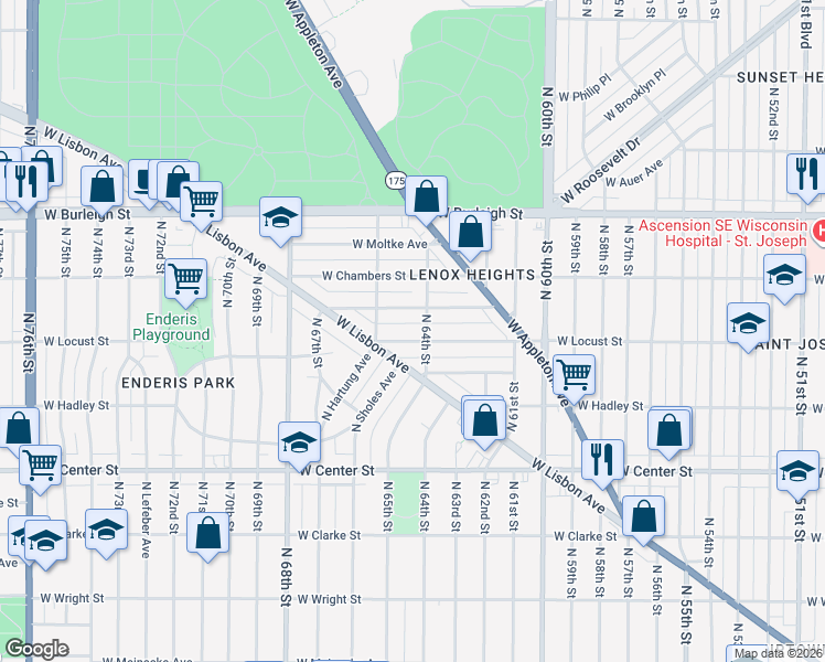 map of restaurants, bars, coffee shops, grocery stores, and more near 6431 West Girard Avenue in Milwaukee