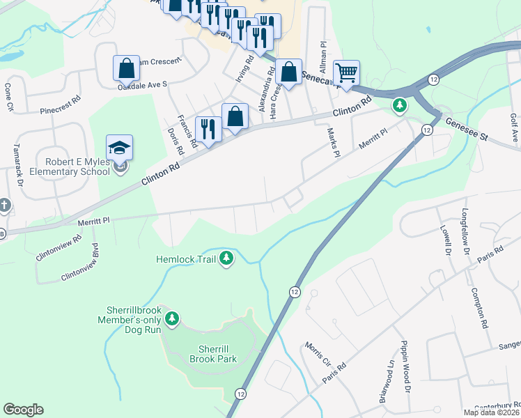 map of restaurants, bars, coffee shops, grocery stores, and more near 96 Merritt Place in New Hartford