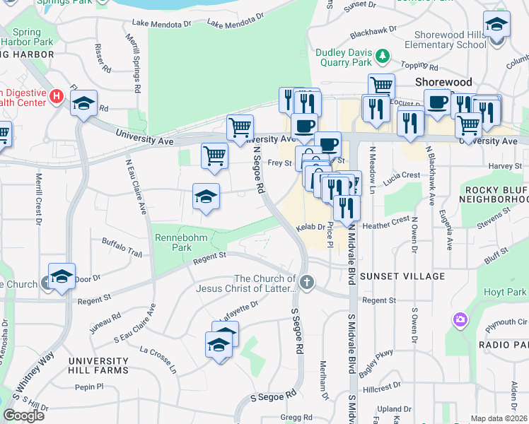 map of restaurants, bars, coffee shops, grocery stores, and more near 602 North Segoe Road in Madison