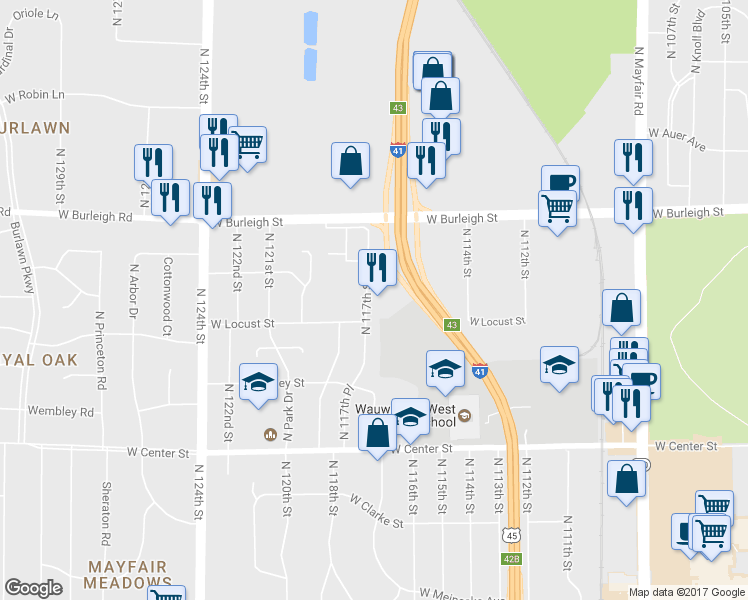 map of restaurants, bars, coffee shops, grocery stores, and more near 2930 N 117th St in Milwaukee