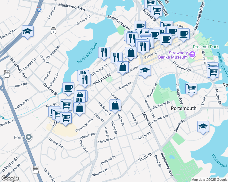 map of restaurants, bars, coffee shops, grocery stores, and more near 98 Summer Street in Portsmouth