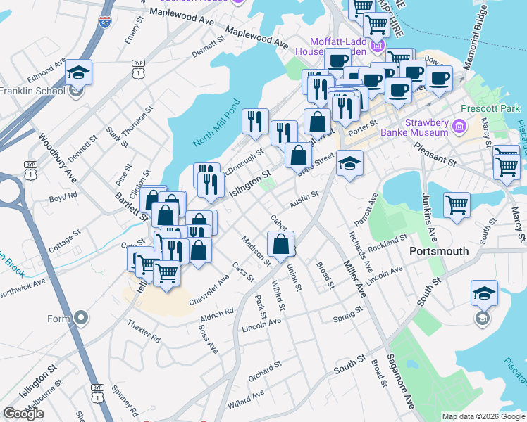 map of restaurants, bars, coffee shops, grocery stores, and more near 779 State Street in Portsmouth