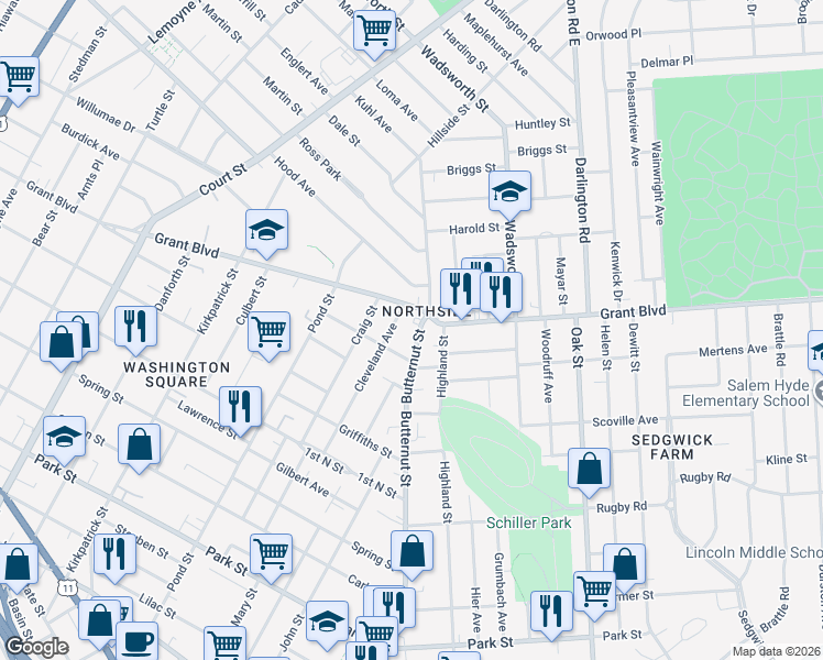 map of restaurants, bars, coffee shops, grocery stores, and more near 1429 Butternut Street in Syracuse