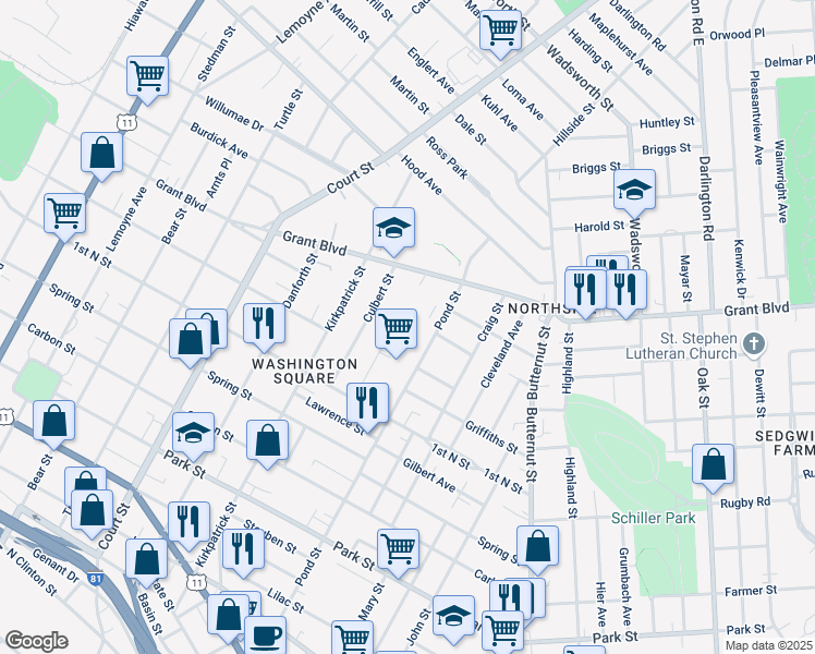 map of restaurants, bars, coffee shops, grocery stores, and more near 1015-21 Pond Street in Syracuse