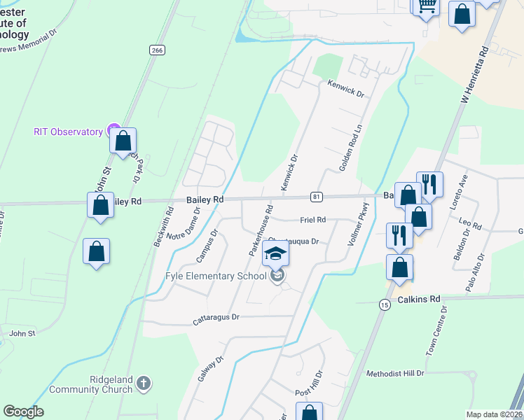 map of restaurants, bars, coffee shops, grocery stores, and more near 724 Bailey Road in West Henrietta