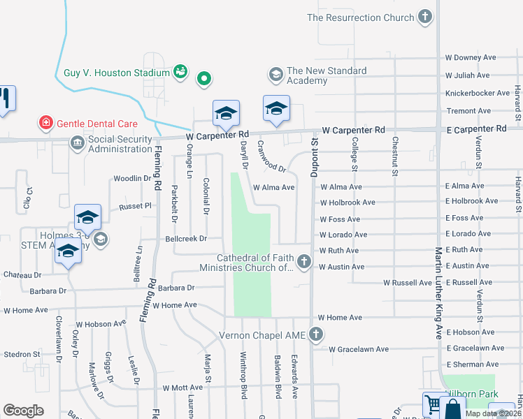 map of restaurants, bars, coffee shops, grocery stores, and more near 6630 Daryll Drive in Flint