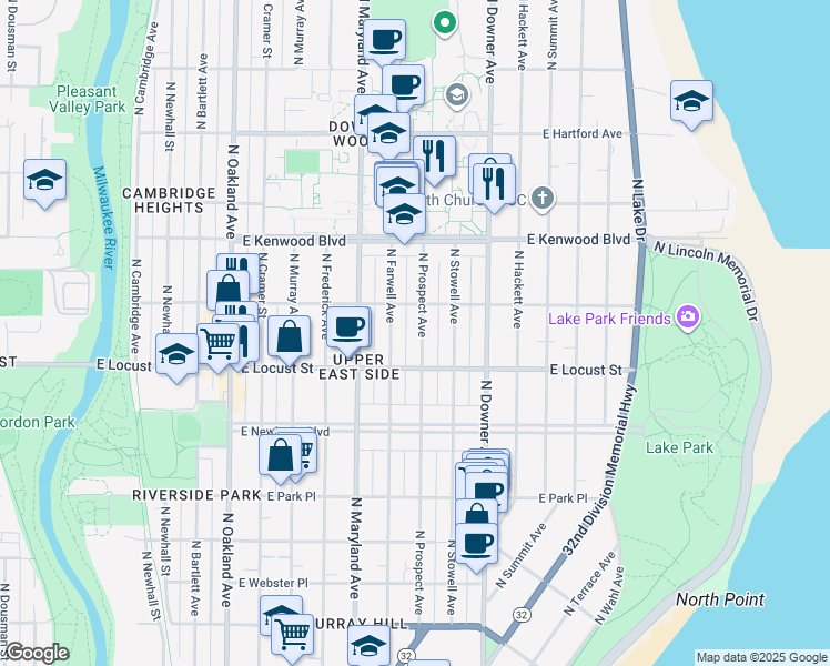 map of restaurants, bars, coffee shops, grocery stores, and more near 2971 North Prospect Avenue in Milwaukee