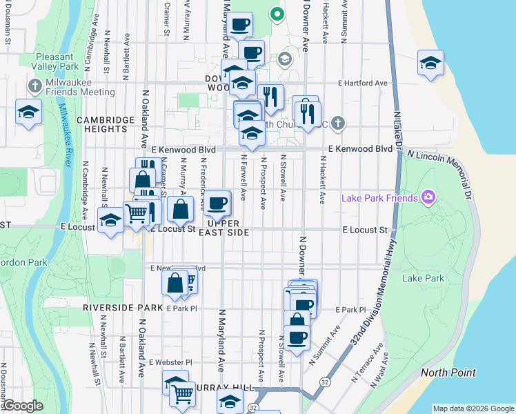 map of restaurants, bars, coffee shops, grocery stores, and more near 2971 North Prospect Avenue in Milwaukee