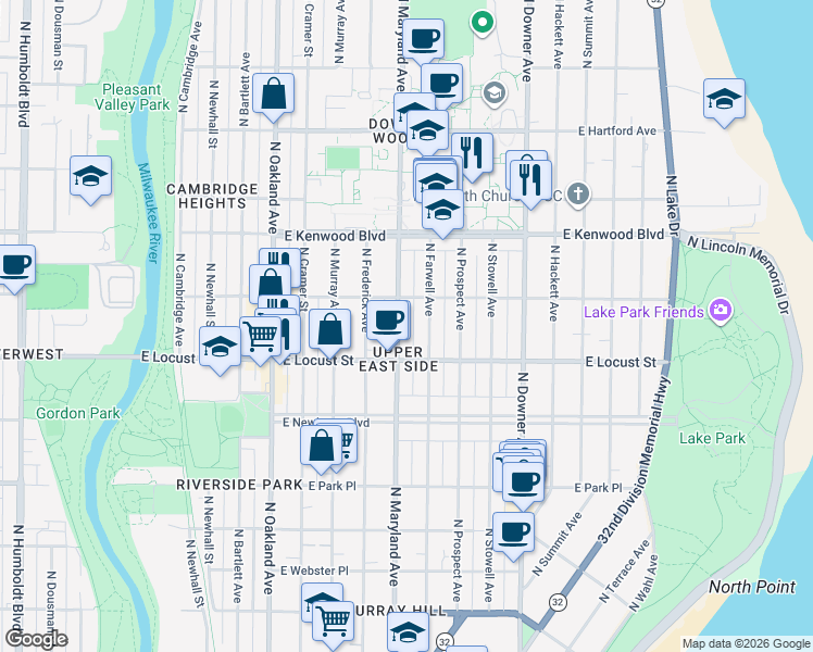 map of restaurants, bars, coffee shops, grocery stores, and more near 2963 North Farwell Avenue in Milwaukee