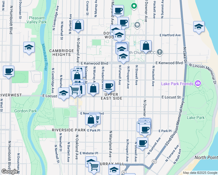 map of restaurants, bars, coffee shops, grocery stores, and more near 2971 North Maryland Avenue in Milwaukee