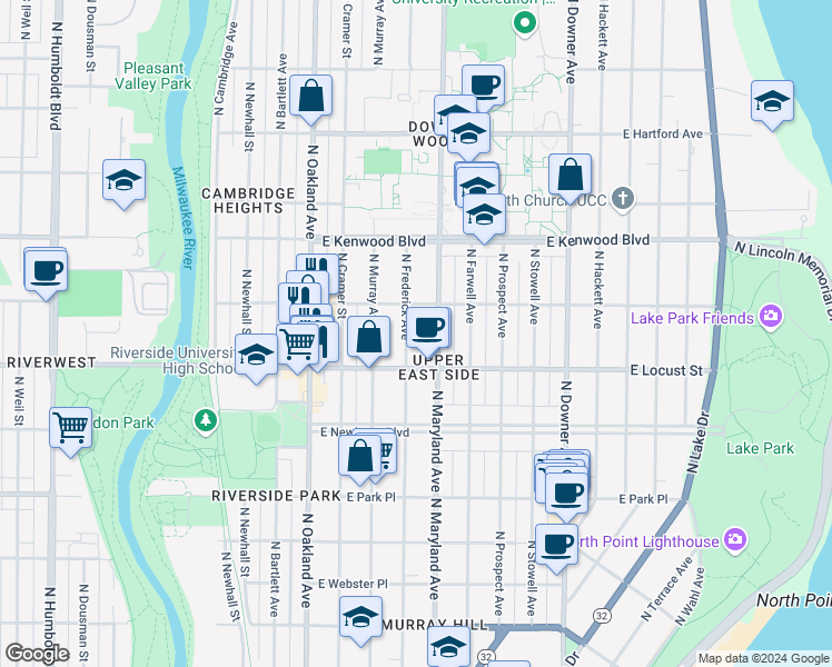 map of restaurants, bars, coffee shops, grocery stores, and more near 2971 North Maryland Avenue in Milwaukee