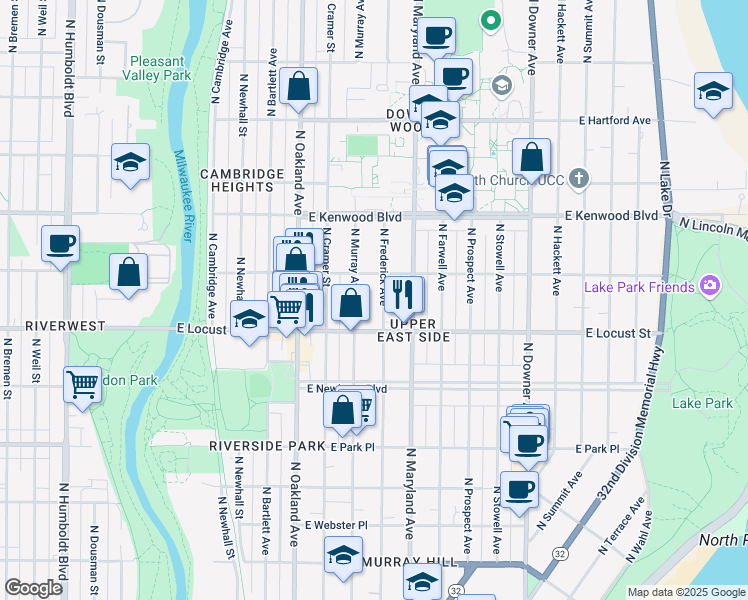 map of restaurants, bars, coffee shops, grocery stores, and more near 2964 North Murray Avenue in Milwaukee