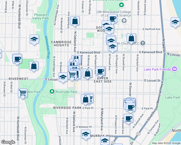 map of restaurants, bars, coffee shops, grocery stores, and more near 2964 North Murray Avenue in Milwaukee